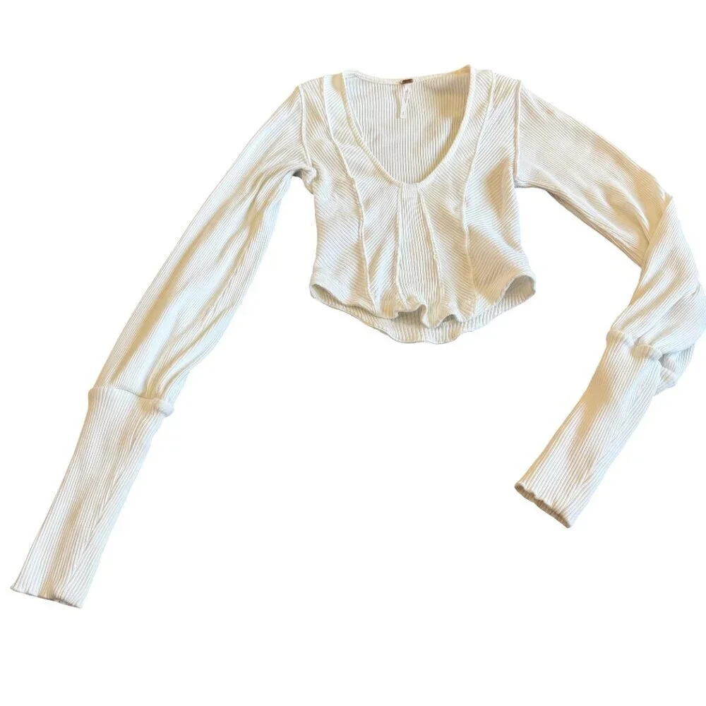 Free People Petra U-Neck Cotton Blend Crop Top Shirt Long Sleeve Size Small